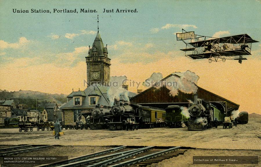 Postcard: Union Station, Portland, Maine.  Just Arrived.
